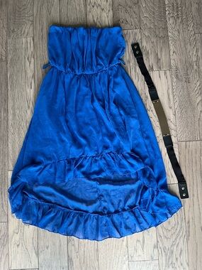 Blue Strapless Short Long Ruffle Dress